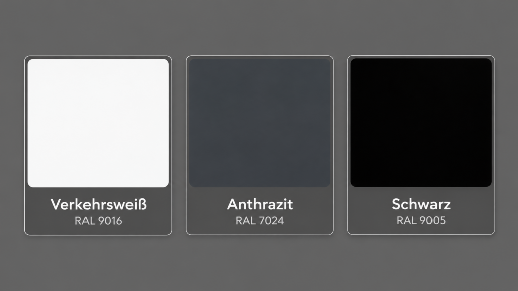 Biernatzki GmbH Farbmuster: Verkehrsweiß RAL 9016, Anthrazit RAL 7024, Schwarz RAL 9005. Spezialist für Fenster, Türen, Markisen, Wintergärten. Regionen: Hamburg, Elmshorn, Pinneberg, Itzehoe.