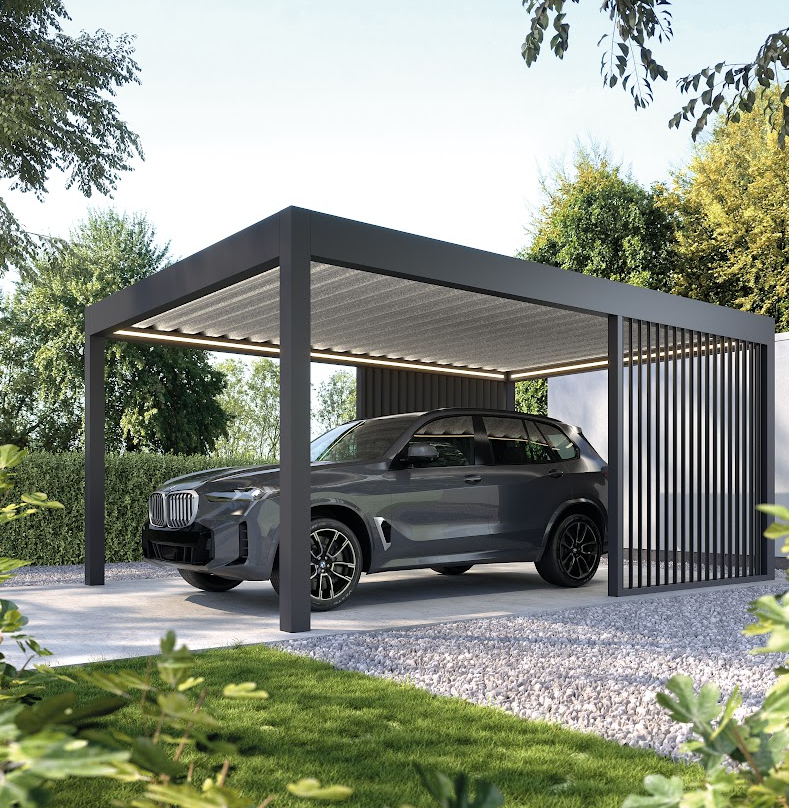 Moderner Carport mit elegantem Design, ideal für den Schutz von Fahrzeugen. Biernatzki GmbH bietet maßgeschneiderte Lösungen für Fenster, Türen, Markisen und Wintergärten in Norddeutschland.