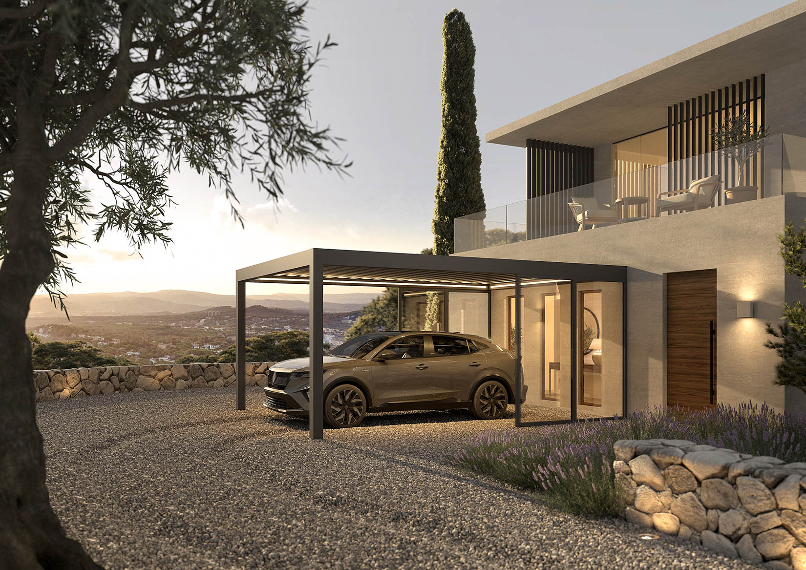 Moderne Villa mit Carport und mediterraner Landschaft bei Sonnenuntergang. Biernatzki GmbH bietet Fenster, Türen, Markisen und Wintergärten in Hamburg, Elmshorn, Pinneberg und Umgebung.