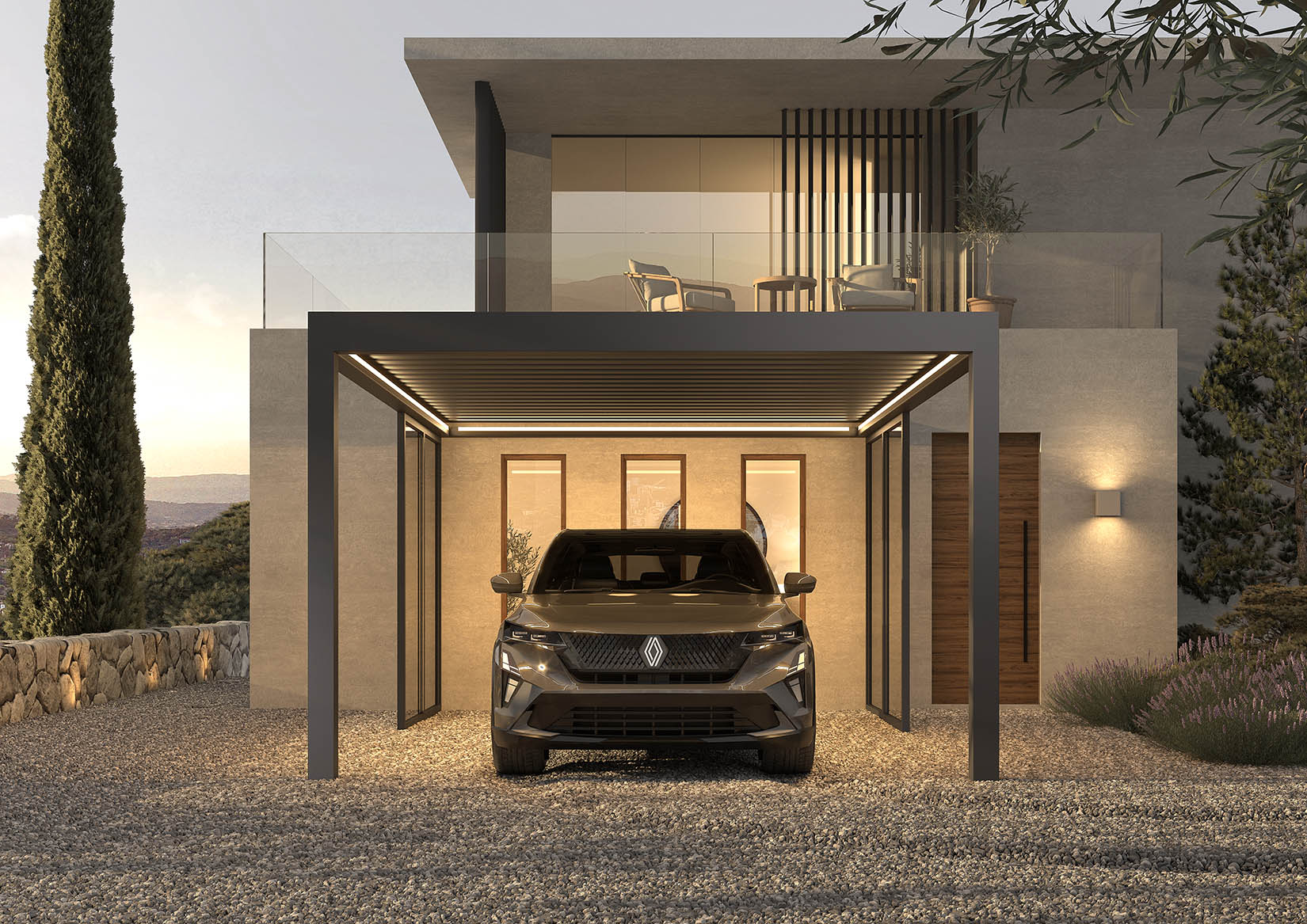 Modernes Haus mit carport und stilvoller Einrichtung, präsentiert von Biernatzki GmbH, Experten für Fenster, Türen, Markisen und Wintergärten in Hamburg und Umgebung.