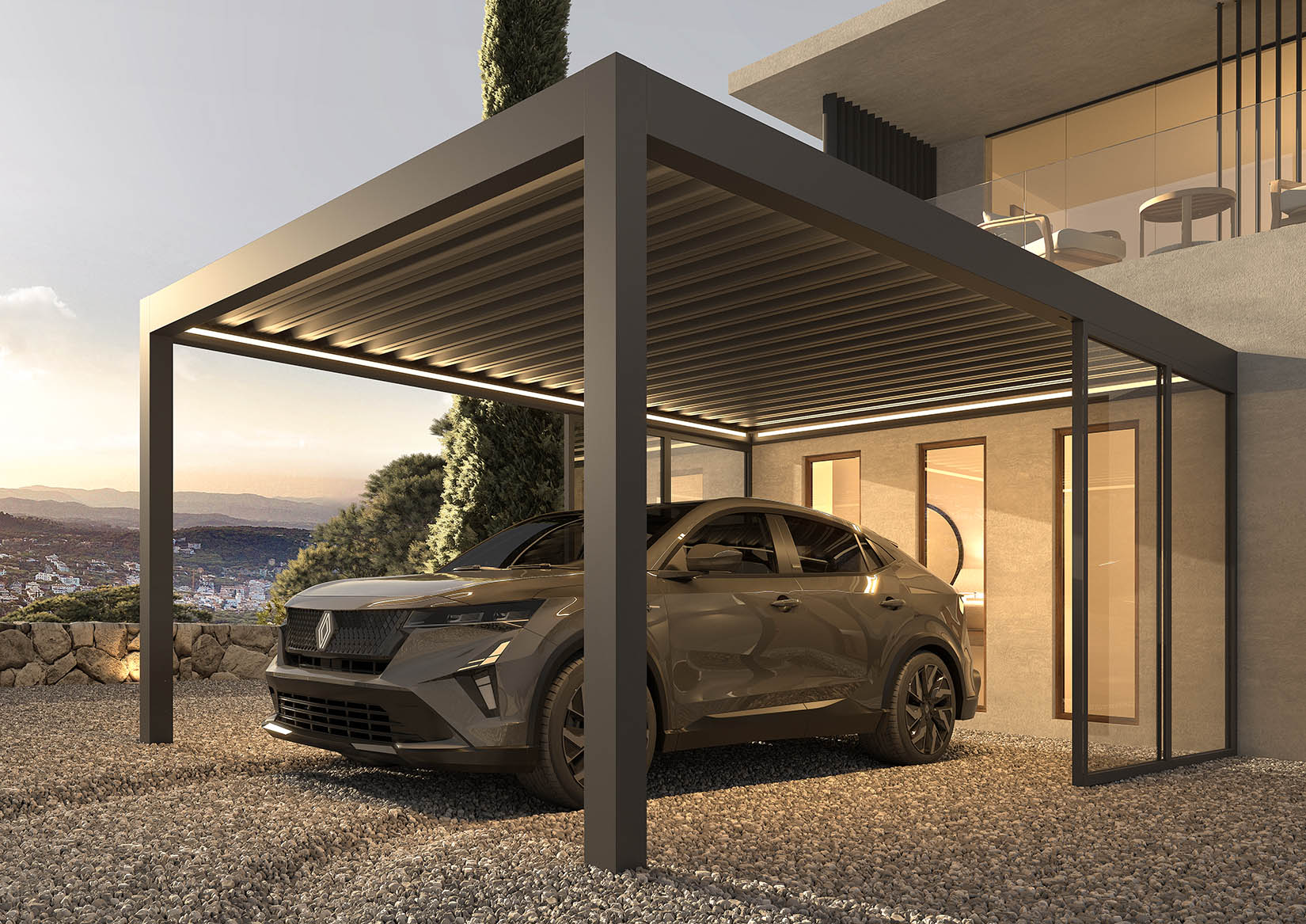 Moderne Terrasse mit Auto, überdacht von stilvollem Sonnenschutz. Biernatzki GmbH bietet hochwertigen Service in Hamburg und Umgebung. Fenster, Türen, Markisen, Wintergärten.